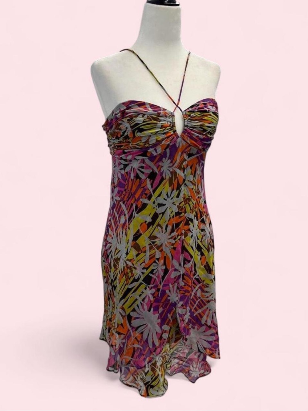 Y2K BCBG Max Azria 100% Silk Floral Halter Dress Fairy Boho - Picture 2 of 8